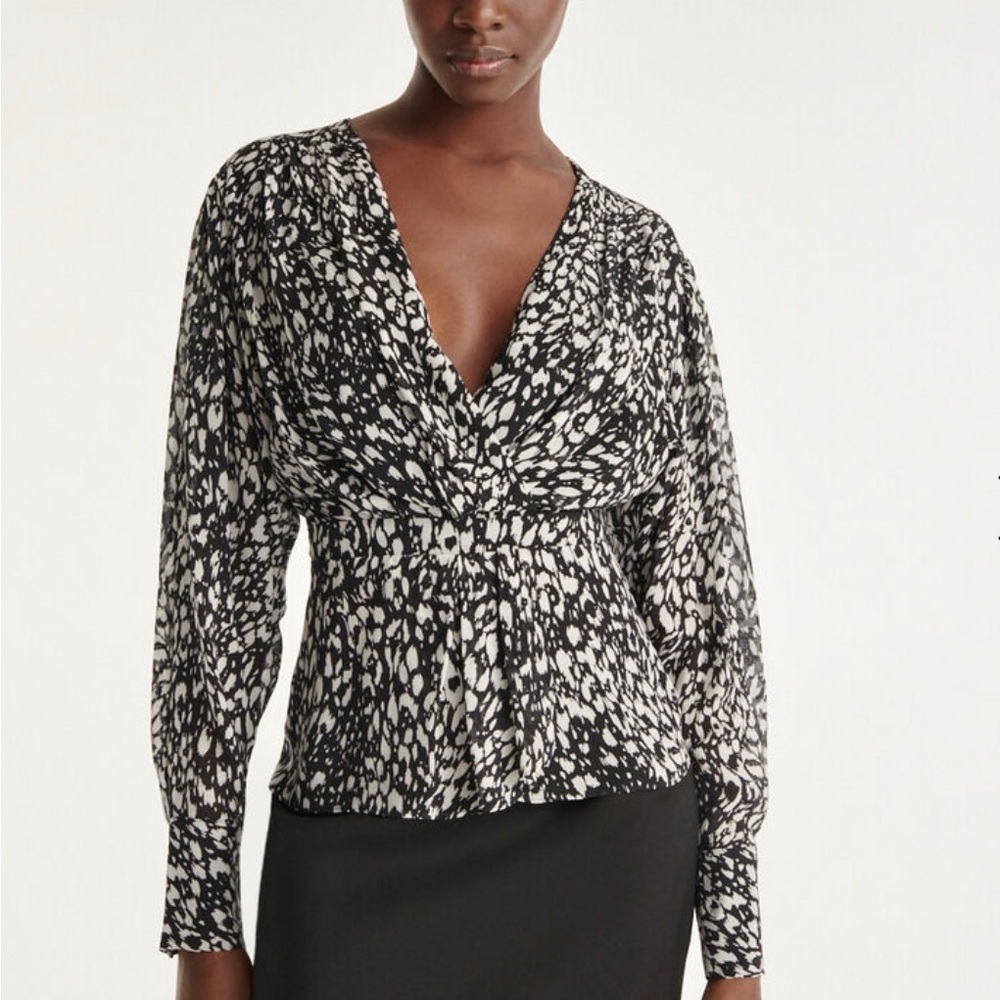 New The Kooples FLOWING TOP IN BLACK AND ECRU LEOPARD PRINT Sz. 0